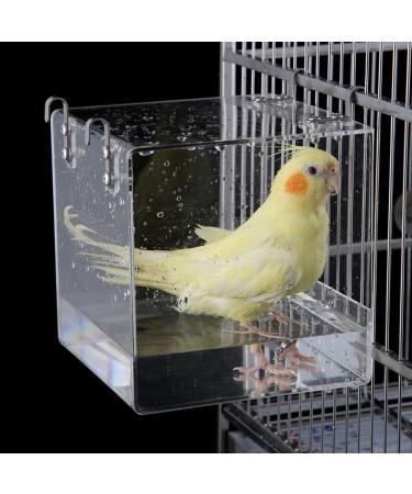 GURECOD Hanging Bird Bath Cube Bird Bathtub Bath Shower Box Bowl Cage Accessory for Little Bird Canary Budgerigar Parrots Crested Myna Cockatiel Lovebird Parakeet Bath Large