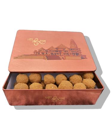 Ayodhya Hanuman Gadi Suddh Desi Ghee ka besan ka laddu Prashad 1Kg Pack in Copper Gift Box | Ayodhya Prashadam | Hanuman Gadi Prashdam | Made In ayodhya | with Ram Janambhumi gold platetd Divine Coin