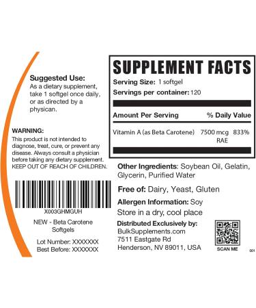 Beta Carotene 25000 IU Softgels - Eye Health Supplement with Antioxidants - 120 Count - Buy Online on GoSupps.com