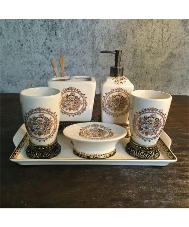 European Style Ceramic Bathroom Set - POCHY 5-Piece Toothbrush Holder & Wash Kit - Light Grey - Buy Online on GoSupps.com