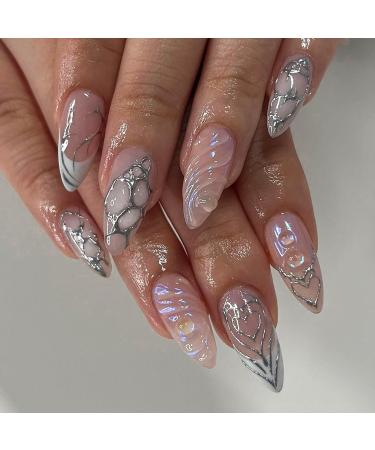 24 Pcs Almond Press on Nails Medium Fake Nails Nude Full Cover Stick on Nails with Silvery Glitter Designs Glossy False Nails 5D Nail Charms French Nails for Women Girls Artificial Acrylic Nails Style 9
