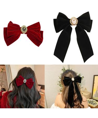 HairBarrettes-Black-red-velvet Luxury Velvet Hair Bow Clip for Thick or Curly Long Hair - Premium Hair Accessories