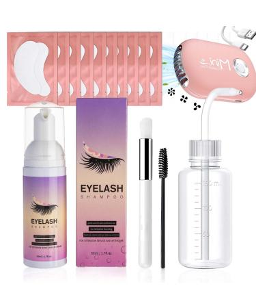 Tongyend Lash Shampoo for Lash Extensions 50ml Eyelash Extension Cleanser+Lash Fan USB Rechargeable+Rinse Bottle+Mascara Wand+Brush+Under Eye Pads *10 Eyelashes Extension Remover Salon & Home Use Lash Shampoo-4 IN 1