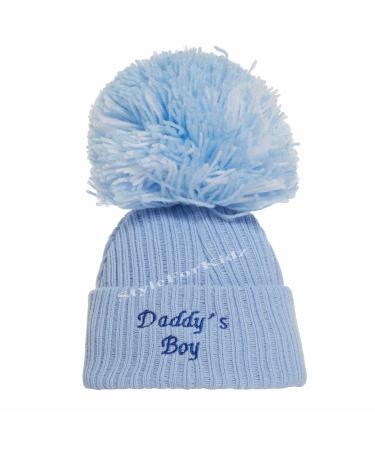 Soho Fashions Luxury British Made Baby Boy Mummys Boy Daddys Boy Cute Decorative Frilly Knitted Pom Pom Newborn Baby Hats S Daddys Boy (Full Blue)