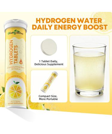 Hydrogen Tablets for Drinking Water: Molecular Hydrogen Tabs 12.4PPM with Magnesium NAC Creatine Supports Antioxidants Cellular Health Recovery Cognitive Function Vegan Organic Lemon Flavor - Buy Online on GoSupps.com
