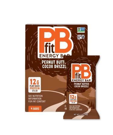 PBfit Peanut Butter Cocoa Drizzle Energy Bars 12g Protein 5g Fiber Gluten Free Vegan Plant-Based Non-GMO 2.1 Oz (Pack of 4)