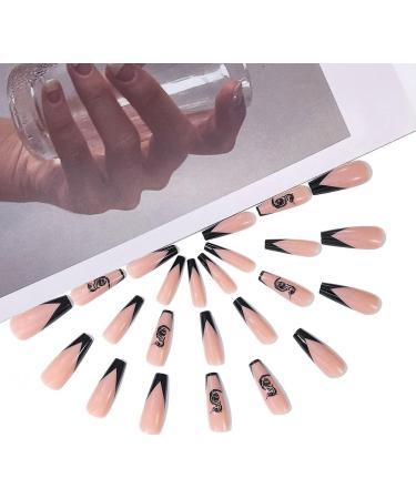 Ballerina Coffin Fake Nails - 24Pcs Long Black French Press on Nails with Dragon Patterns | Full Cover False Nail Tips with Glue for Women & Girls Nail Art - Buy Online on GoSupps.com