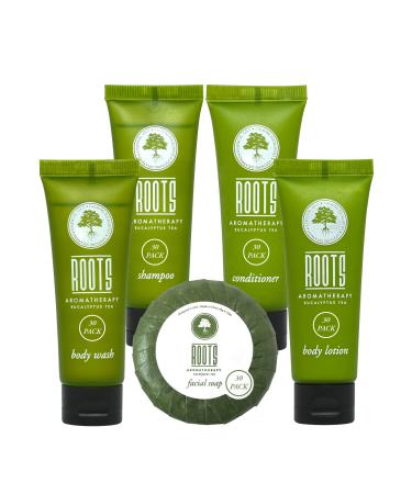 Roots Aromatherapy Eucalyptus Tea Hotel Soaps and Toiletries Tubes Bulk Set | Shampoo & Conditioner Body Wash Body Lotion & Bar Soap Travel Size | 150 Pieces - Buy Online on GoSupps.com