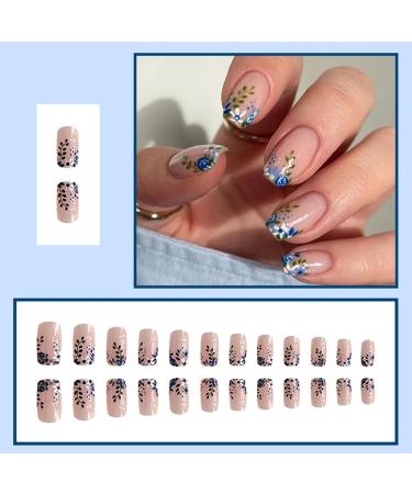 NICENEEDED Short Blue Flower Press on Nails French Floral Leaf Square Glossy Acrylic Nails Stick on Nails Spring Summer Nude Full Cover False Nails with Jelly Glue for DIY Nail - Buy Online on GoSupps.com