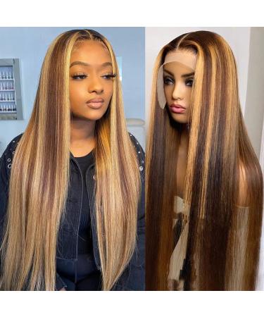 Highlight Ombre Lace Front Wig Human Hair 13x4 HD Transparent 4/27 Honey Blonde Lace Frontal Wigs Pre Plucked with Baby Hair 150% Density Straight Lace Front wigs Human Hair Colored 22 Inch 22 Inch 13x4 Ombre lace front ...