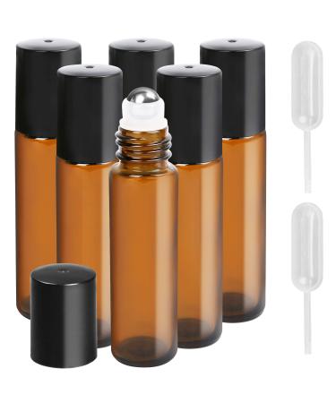 LotFancy 6pc 10ml Roller Bottles for Essential Oils, Amber Glass Empty Bottle with Stainless Steel Roller Balls, Leakproof Roll on Perfume Bottles, Includes 2pc 4ml Droppers Amber (Pack of 6)