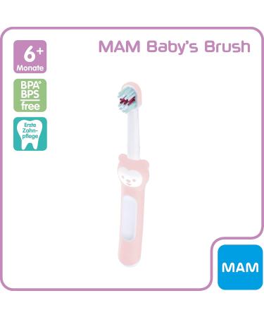 Mam Baby's Brush | Baby Toothbrush for 6+ Months | Short Handle for Easy Grip | Gentle Tooth Cleaning in Light Pink | 1 Pack - Buy Online on GoSupps.com
