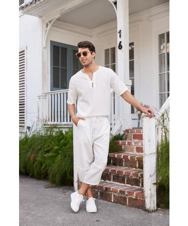 COOFANDY Men's Linen 2-Piece Set: Henley Shirt & Harem Capri Pants - White, XXL - Buy Online on GoSupps.com