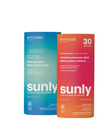 Bundle of ATTITUDE Mineral Sunscreen Stick with Zinc Oxide SPF 30 EWG Verified Plastic-Free Broad Spectrum UVA/UVB Protection Vegan Orange Blossom + After Sun Care Stick Mint and Cucumber