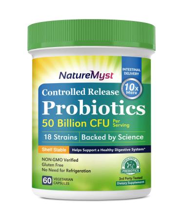 NatureMyst Probiotics 50 Billion per Serving, 18 Probiotic Strains, 60 Veggie Capsules - Non-GMO , Gluten Free 50B Probiotics for Men & Women