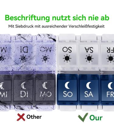 Mericargo 7-Day Tablet Box - Portable Pill Organizer with 2 Compartments for Vitamins & Supplements - Push Button Design - Blue & White - Buy Online on GoSupps.com