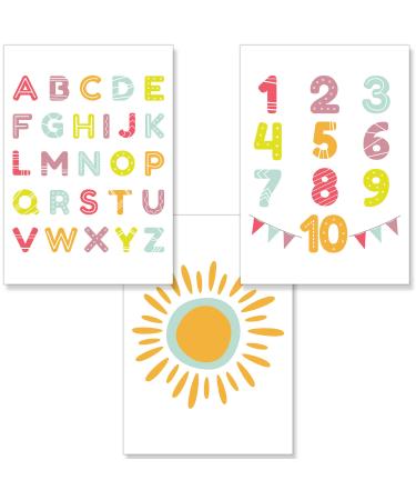 PREMYO Wall Art Prints Nursery Decor - Baby Room Decoration Girl Boy - Kids Poster Set Alphabet ABC Sun Picture A4 Size ABC & Sun