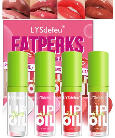 Hydrating Lip Glow Oil-4Pcs Tinted Lip Oil Gloss Pack Nourishing Lipgloss Care Tint Non-sticky Clear Glitter Red Lip Oil Lip Stain Glow Reviver Lip Oil LIp Makeup Gift for Women Girl-SetC Set C