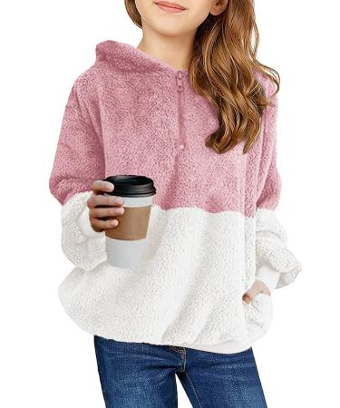 Haloumoning Girls Fuzzy Fleece Pullover Hoodies Sweatshirt Casual Loose Outwear Coat with Pockets 4-15 Years 8-9 Years A-dark Pink
