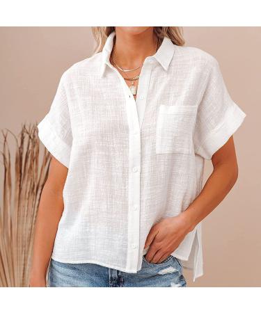 Drindf Women's Button Down Cotton Linen Shirt | V Neck | Short Sleeve | Loose Fit | Casual Work Blouse | White Medium - Buy Online on GoSupps.com
