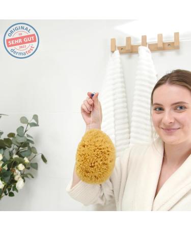 Tom & Pat Natural Bathing Sponge with Cord - Premium Quality 13-14 cm Shower & Peeling Sponge from Greece - Dermatest Rated Very Good - Buy Online on GoSupps.com