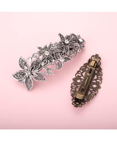 Parieo 2 Pieces Vintage Silver Leafy Barrette Antique Filigree Silver Flower Crystal Barrette Diamante Flower Design Hair Barrette - Buy Online on GoSupps.com