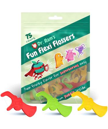 Dr. Ram's Kids Flossers - Fun Flexi Flossers - Kids Floss with Interactive Educational Puzzle - Gum-Friendly Design - Light Citrus Fruit Scent (75-Pack) 1
