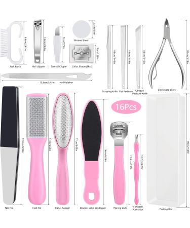 Footfire 16-Piece Pedicure Set - Premium Foot Care & Corn Removal for Men & Women - Perfect Rasp Files & Tools - Pink - Buy Online on GoSupps.com