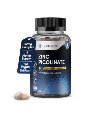 Zinc Picolinate 3-in-1 High Strength 92mg - Zinc Picolate Glycinate and Malate with Added Copper Glycinate - Immune Support Hair Skin & Nails - (4 Month Supply) - 120 Tablets by HealthEssent