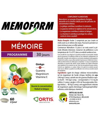 Ortis - MemoForm 60 Tablets - Food Supplement to Improve Memory and Strengthen Concentration - Ideal for Exam Students - 100% Natural Ginkgo Based - Buy Online on GoSupps.com