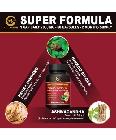 Nootamin Naturals Korean Red Panax Ginseng 7000mg + Ginkgo Biloba + Ashwagandha | Energy, Strength, Focus, Memory | 60 Vegan Capsules - Buy Online on GoSupps.com