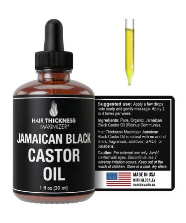 Jamaican Black Castor Oil (1fl Oz) by Hair Thickness Maximizer. Pure Unrefined Oils for Thickening Hair, Eyelashes, Eyebrows. Avoid Hair Loss, Thinning Hair for Men and Women 1.01 Fl Oz (Pack of 1)