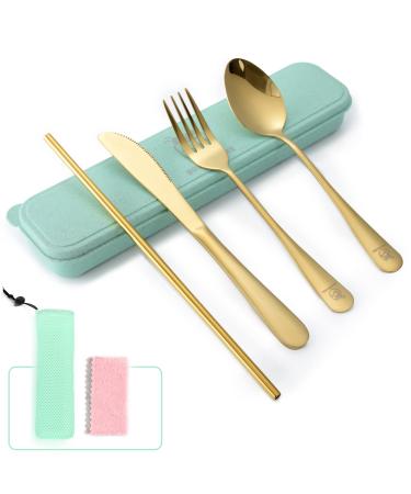 Boulder Bee | Camping Utensil Set | Stainless Steel Flatware | Outdoor Picnic Cutlery Set | Travel Silverware Set with Case | Includes Knife/Fork/Spoon/Straw/Cleaning Cloth/Case (Gold)