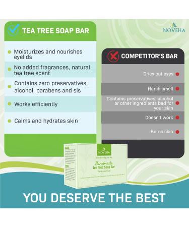 Noveha Tea Tree Handmade Soap Bar for Therapeutic Skincare - Organic Ingredients, Cleanses & Moisturizes Face & Body - Ideal for Face, Eyelid Irritation, Itchy & Flaky Skin, Dryness - All Skin Types - 1 Pack - Buy Online on GoSupps.com