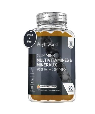 Men's Multivitamin Gummies - 90 Vegan Gummies - Energy Virility Immunity - Maca Ginseng Panax Vitamin C B A Zinc Selenium Alternative to Tablets & Capsules - Peach & Orange Flavor