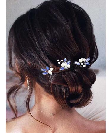 Latious Bride Wedding Hair Pins - Pearl & Blue Crystal Hair Clips (Pack of 3) - Rhinestone Hair Accessories in Silver - Buy Online on GoSupps.com