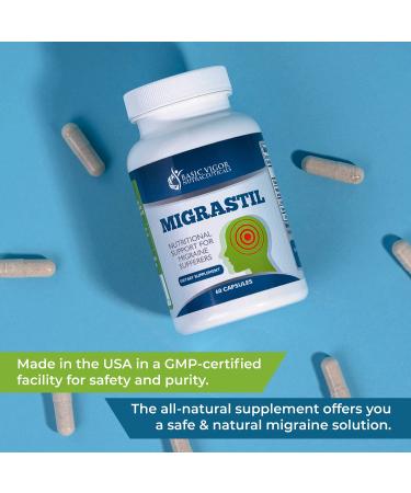 Migrastil Migraine Relief Capsules (60 ct) - Natural Vegetarian Supplement with Magnesium, Taurine, Feverfew & Vitamin B1 for Migraine & Headache Relief - Buy Online on GoSupps.com