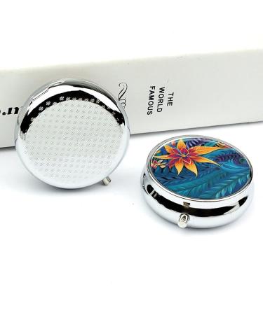 Round Tropical Leaves Pill Box | 3 Compartment Decorative Metal Organizer | Portable Tribal Design - Buy Online on GoSupps.com