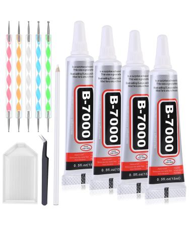 B7000 Glue with Rhinestone Applicator Kit, Clear B-7000 Glue with Precision Tip Art Dotting Stylus Pens Super Glue Adhesive for Phones Repair Jewelry Bead Nail Crafts DIY (4 PCS, 15 ML/ 0.5 oz)