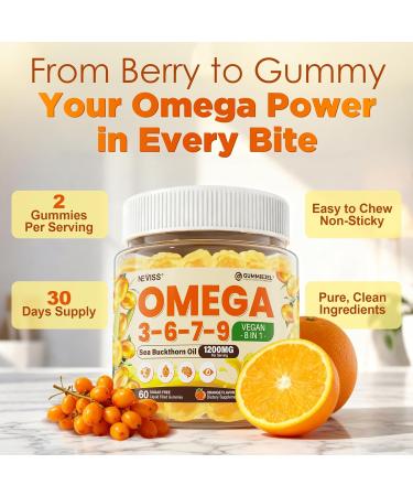 Omega 3-6-7-9 Gummies, Organic Sea Buckthorn Oil 1200MG & Flaxseed Oil 500MG, Vegan Omega 7 Supplement w/Vitamin A, C, E, Fatty Acids, No Fish Taste, Supports Skin, Eye, Immune, Brain Health, 60 Cts - Buy Online on GoSupps.com