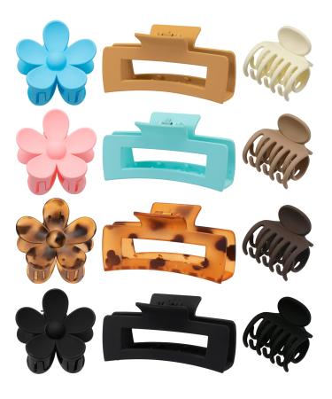 Mixcbe 12 Pack Large Hair Claw Clips Flower Hair Clips Big Claw Clips for Thick Hair Big Hair Clips Square Matte Strong hold for Thin Hair Small Hair Claw Clips for Thin Hair 3 Styles Claw Hair Clip for Thick Thin Hai...
