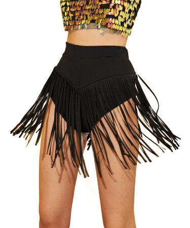 Verdusa Women's Elastic High Waisted Fringe Tassel Shorts Booty Dance Bottom Medium Black