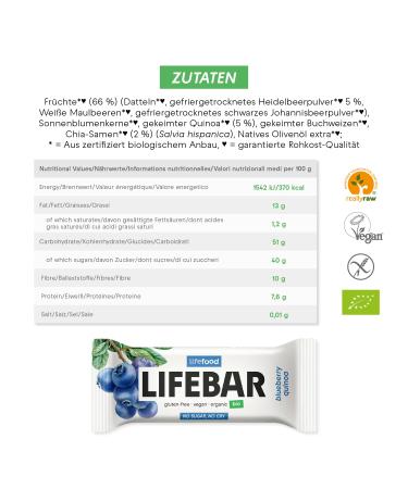 Buy Lifefood Lifebar Energy Seal - Vegan Gluten-Free Organic RAW Sports Bar (Blueberry Quinoa) - 15 Pack (15 x 40g) - No Added Sugar - Buy Online on GoSupps.com