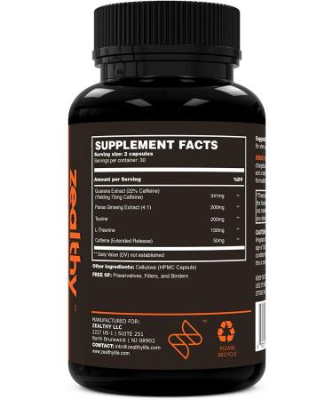Zealthy Energy - Caffeine Supplement Pills for Focus, Energy & Brain Fog. Nootropic Panax & Guarana Extract for Men & Women - 60 Ct - Buy Online on GoSupps.com