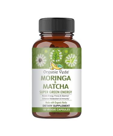 Organic Veda - Moringa & Matcha Green Tea Vitamins, Green Superfood for Energy Boost, Focus, Stamina, Metabolism, & Immune Support, Matcha & Moringa Capsules, 120 Veggie Capsules