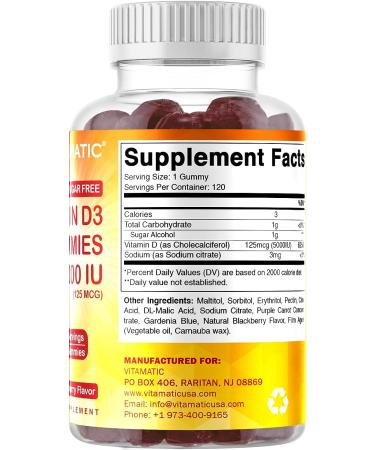 Vitamatic Sugar Free Vitamin D3 5000 IU Gummies - 120 Pectin Based - Healthy Bones & Immune Support - Non-GMO - 120 Servings - Buy Online on GoSupps.com