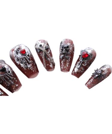 PN-005 Press-On Nails Reusable False Nails Gothic Skull Scary Halloween Glamour Fingernails Painted 10 Pieces Rhinestones Red - Buy Online on GoSupps.com