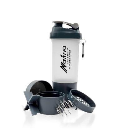Navivva Splendid Protein Shaker bottle with mixing ball and storage compartments 600ml - BPA -free 100% leak -proof Gym Shaker bottle with additional compartments for powder & supplement storage silver