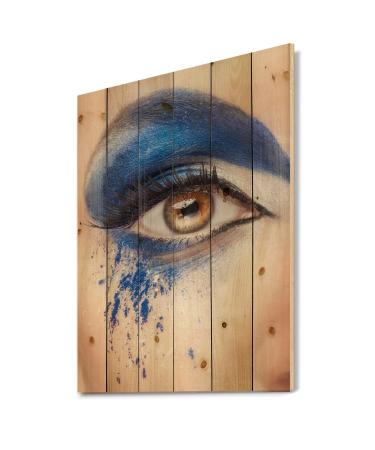 DesignQ Close Up Of An Eye With Blue Fantasy Make Up Modern & Contemporary Wood Wall Decor Blue Wood Wall Art Large People Wood Wall Panels Printed On Natural Pine Wood Art