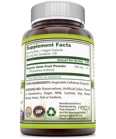 Pure Naturals Amla 500mg 120 Veggie Capsules - Cardiovascular Support, Antioxidant, Energy Booster - Buy Online on GoSupps.com